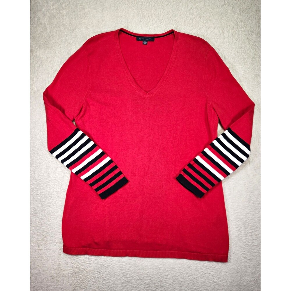 Tommy Hilfiger Striped Sleeve V-Neck Sweater Womens XXL 100% Cotton Pullover